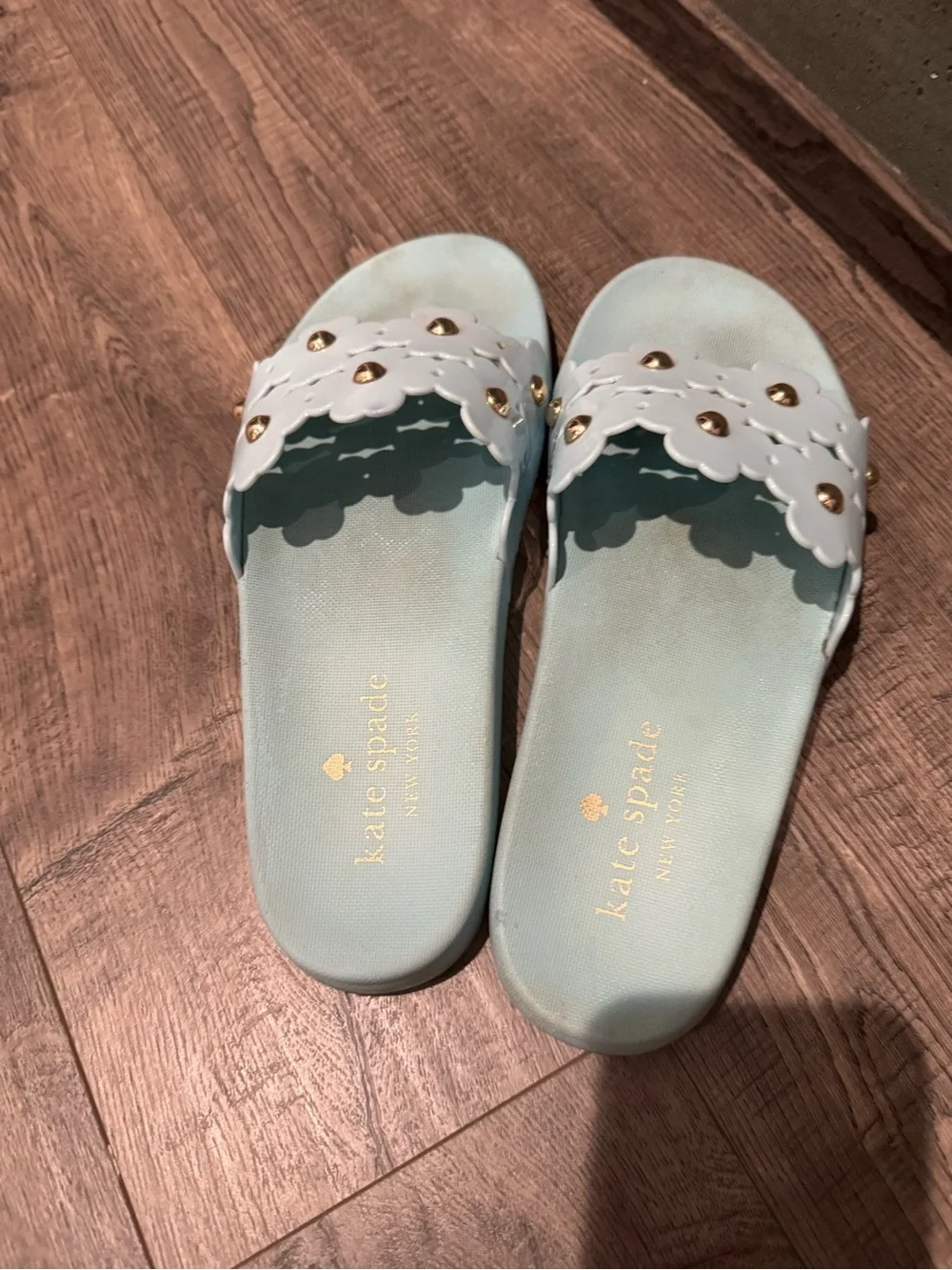 kate spade Light Blue Kids' Scallop Slide Sandals with Gold Studs